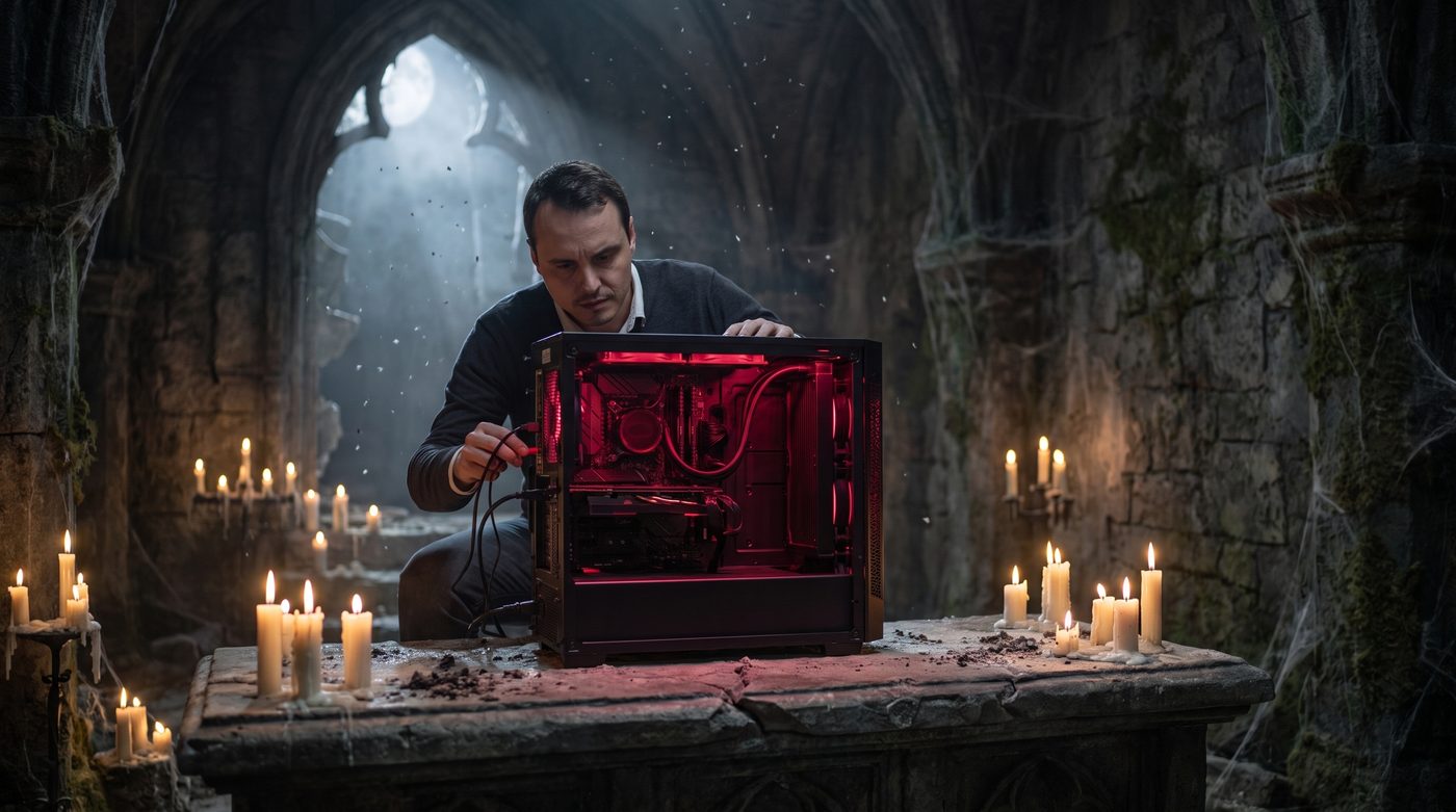 Jev wiring a crimson-lit PC in a candle-lit crypt (AI-generated scene)