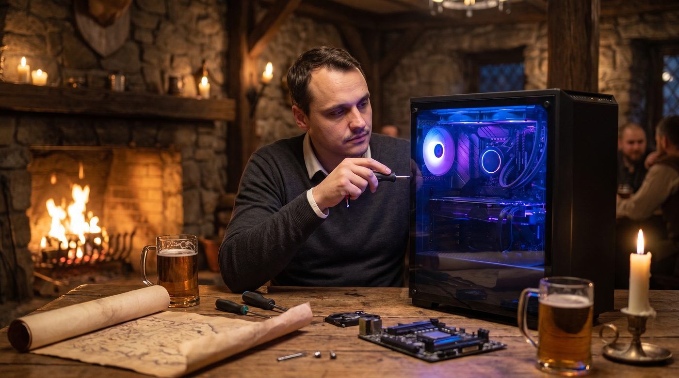 Jev assembling a PC by the fire in a fantasy tavern (AI-generated scene)